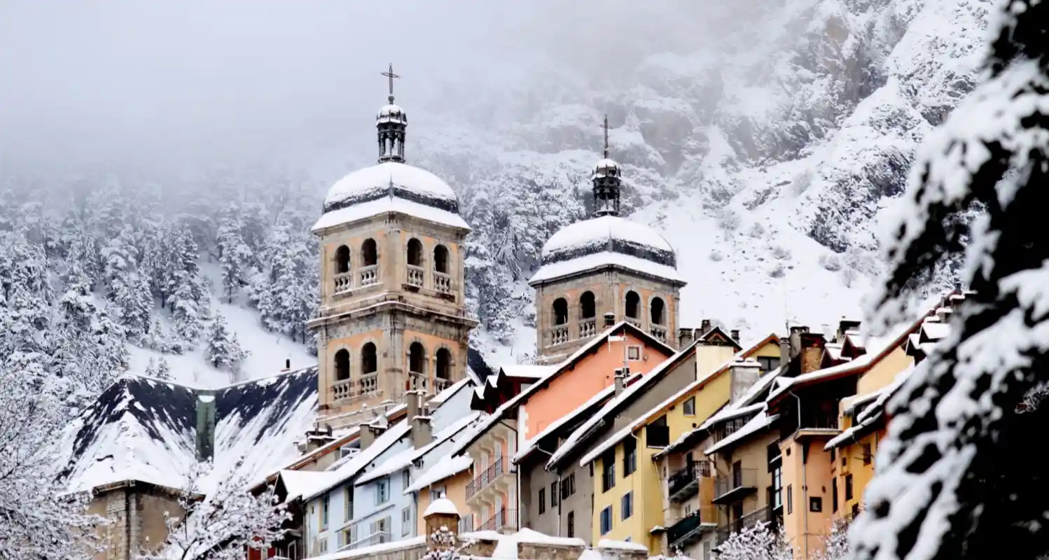 Streetview on Snowy Church Towers in the Serre Chevalier Ski Resort Village in France Credit Agence Zoom