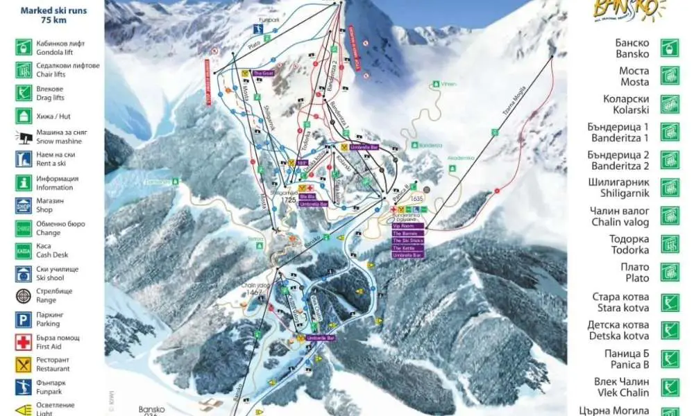 Map of ski area for Bulgarian ski resort Bansko located in the Pirin Mountains