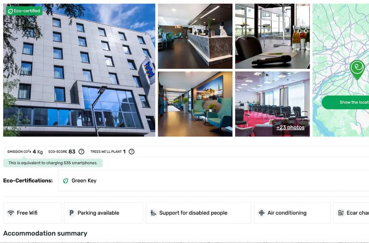Example of how Exploreo presents carbon data on it's hotel listings for travellers to clearly see eco labelling and certifications