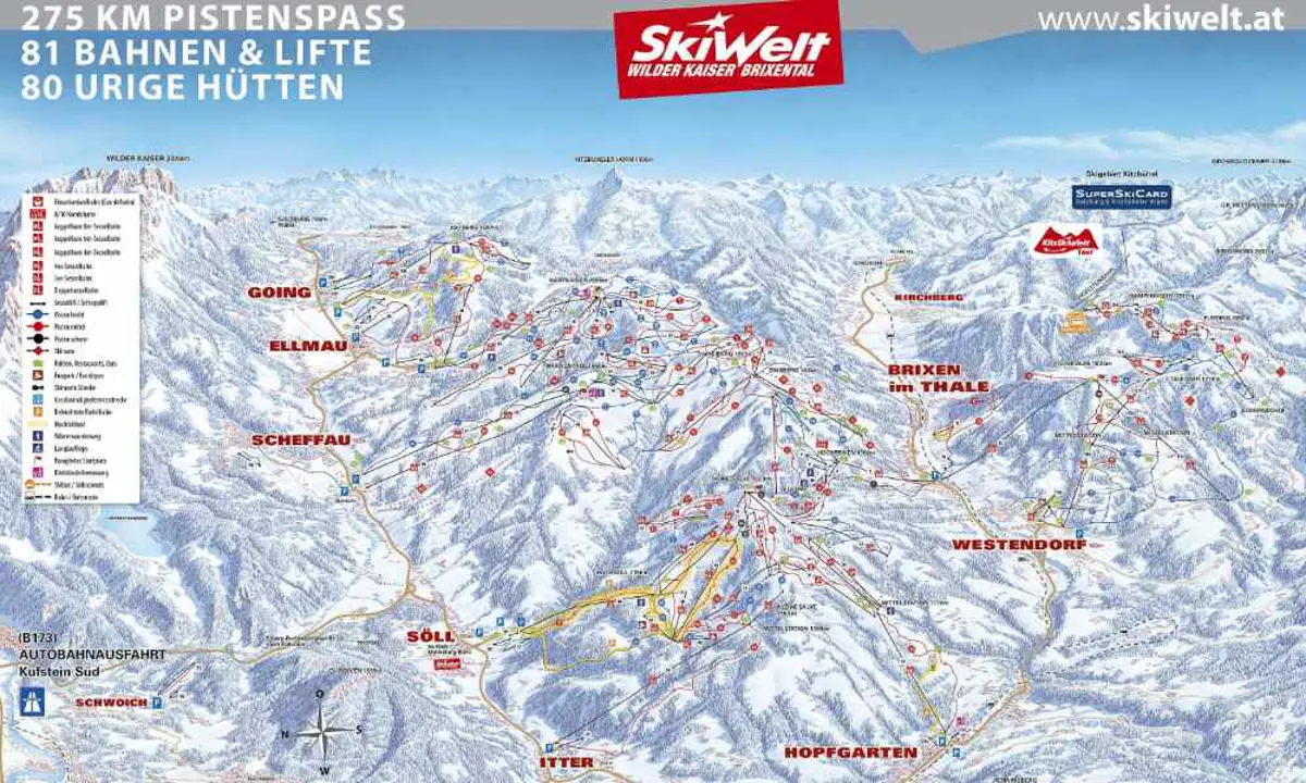 SkiWelt piste map showing the Wilder Kaiser area in Austria. Map from Ski map.org