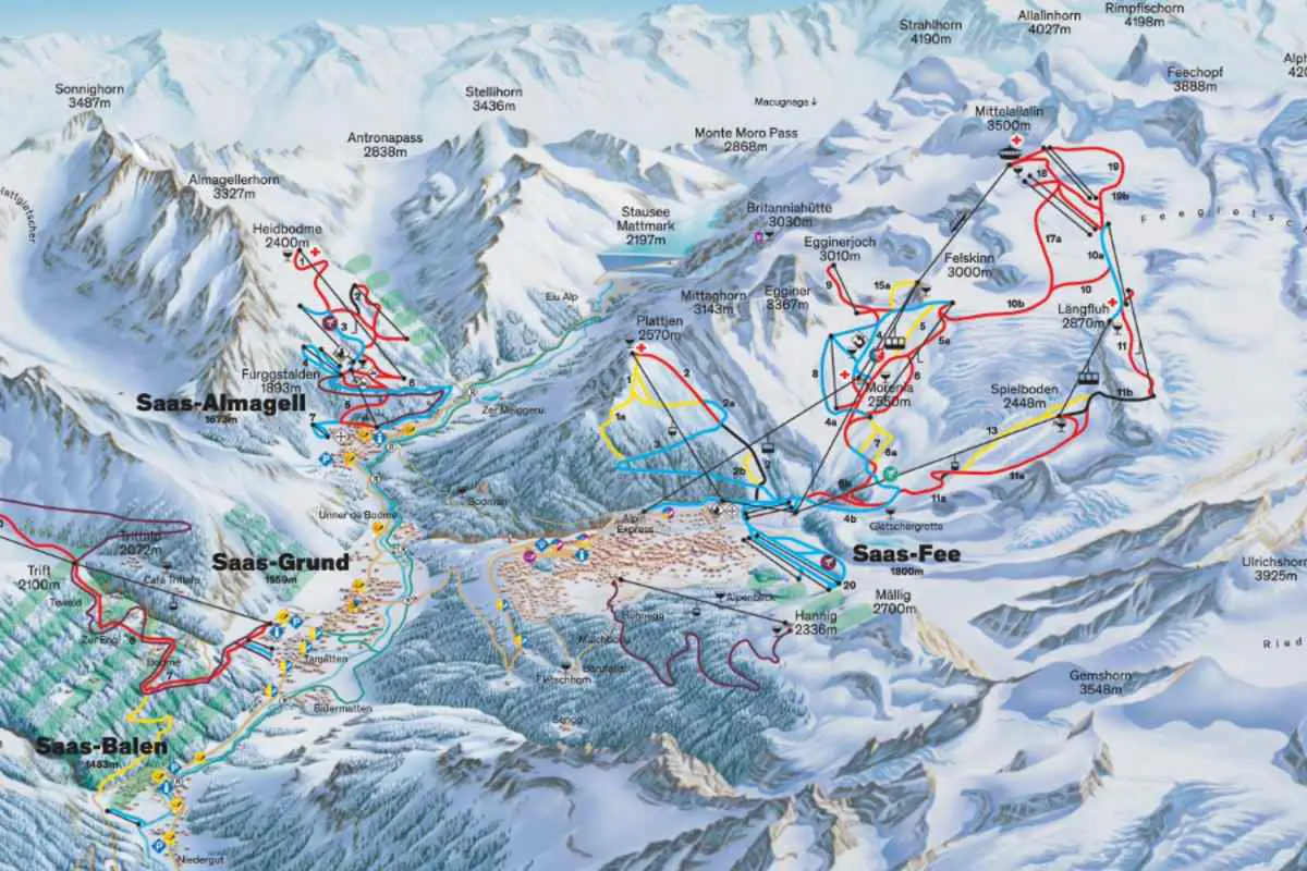 Piste map of the Saas-Fee ski resort in Switzerland. Map from Skimap.org