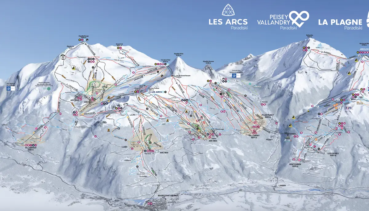 Les Arcs part of the Paradiski area in France ski map  from skimap.org