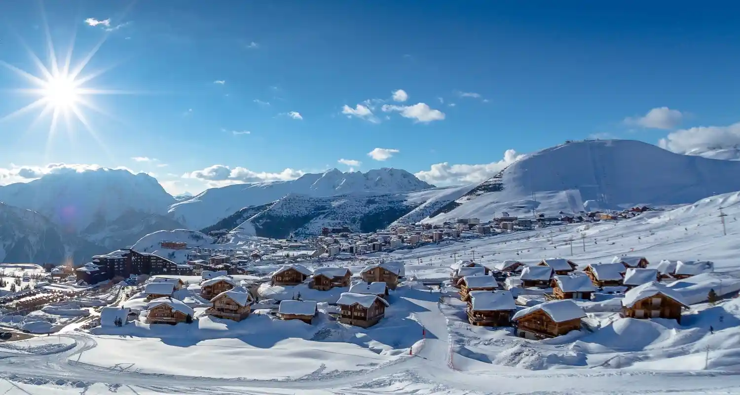 Mountain View of Alpe Dhuez Ski Resort Village in France Credit Alpe Dhuez Tourist Office
