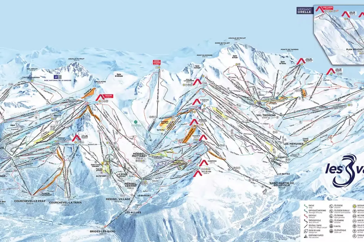Piste map of Les 3 Vallees ski resort in France from skimap.org