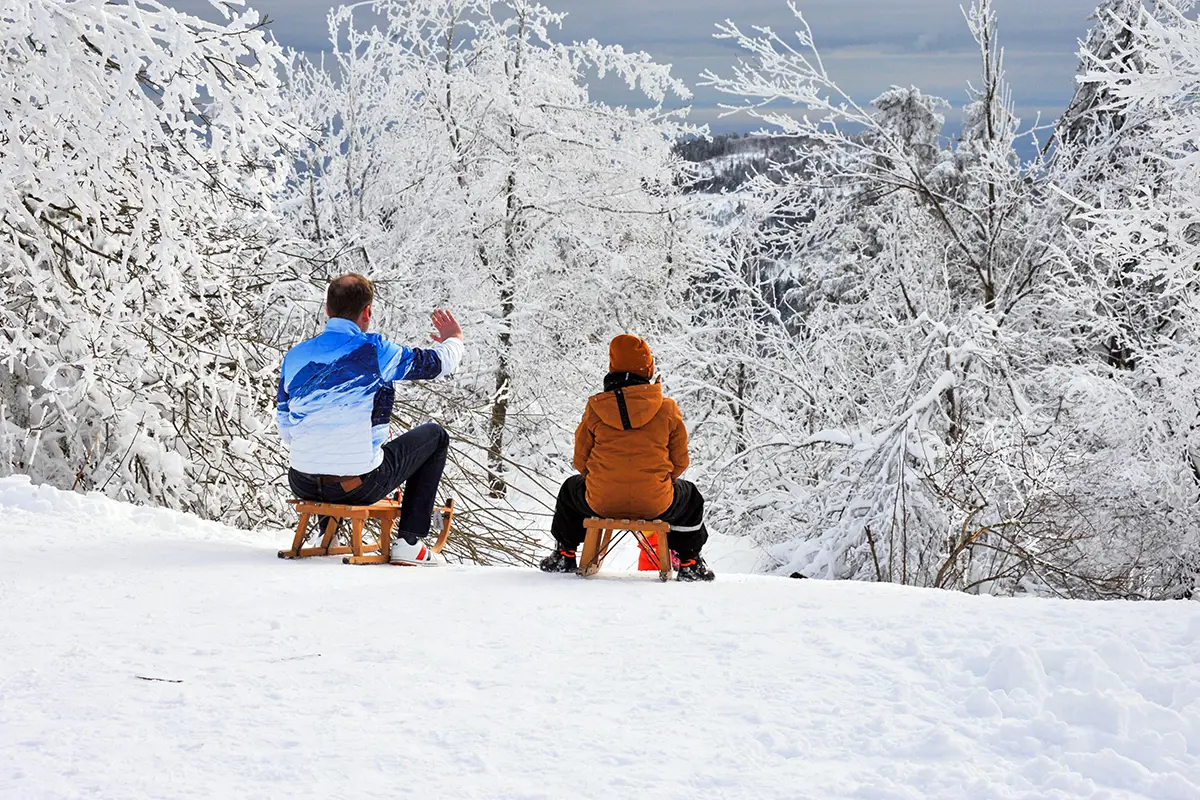 Two People Sitting on Toboggan Sleds Surrounded by Snow Covered Trees. Photo by Lutz Thummel, Pixabay.