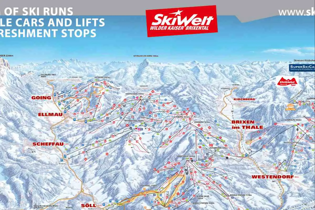 SkiWelt ski map in Austria showing Westendorf in the bottom right of the resort map.