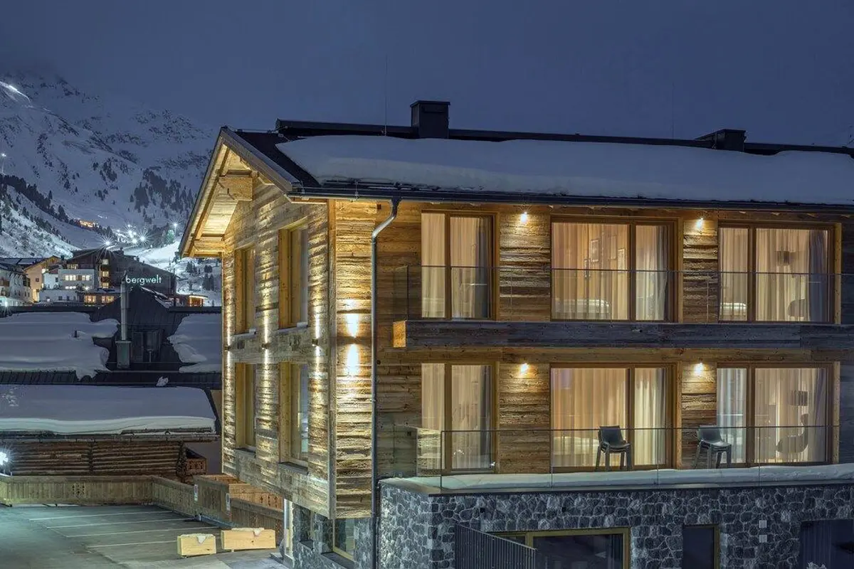 Outside Evening View of Chalet Obergurgl Luxury Apartments in Oberurgl, Austria.